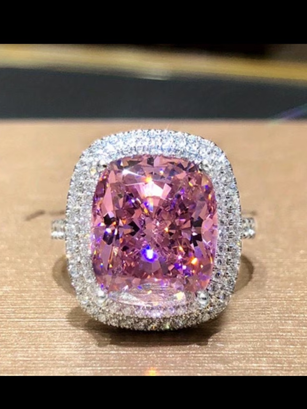 Size 8 Pink Cushion Halo Cocktail Ring - Elegant Women's Jewelry